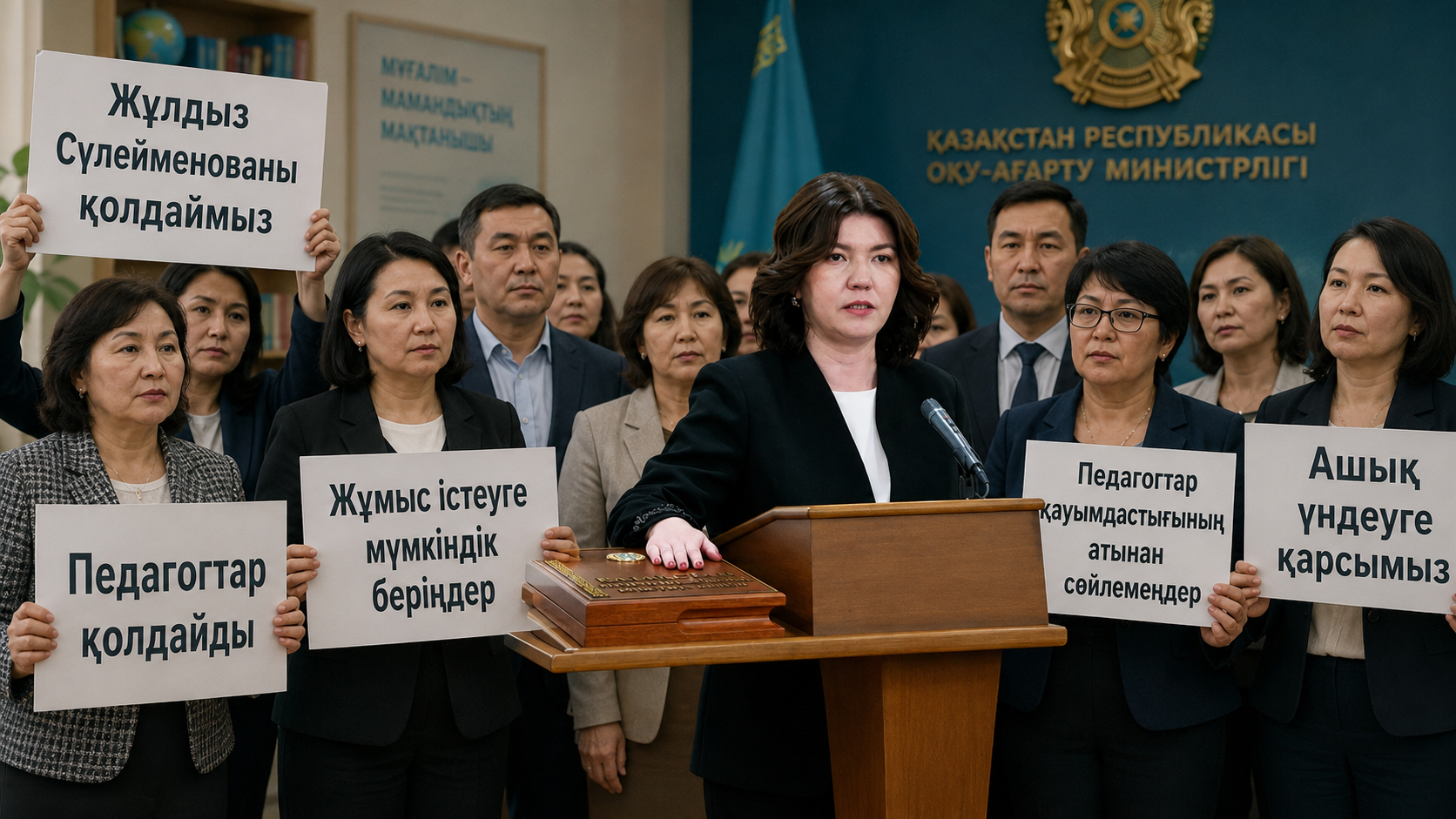 Педагогтар министр Сүлейменованы қорғап, "педагогтар қауымдастығына" үдере қарсы шықты